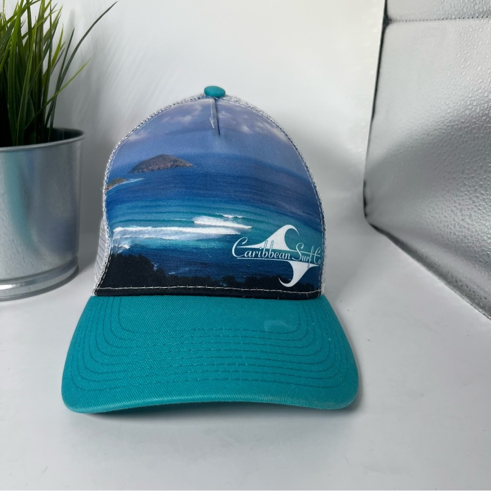 Caribbean Surf Co. Waves Graphic Mesh Back Trucker Hat‎ Aqua Blue White VI